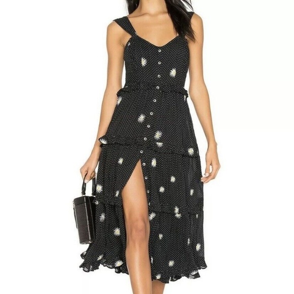 FREE PEOPLE DAISY CHAIN EMBROIDERY FLORAL A-LINE MIDI DRESS BLACK SZ XS BUTTONS - Picture 1 of 13